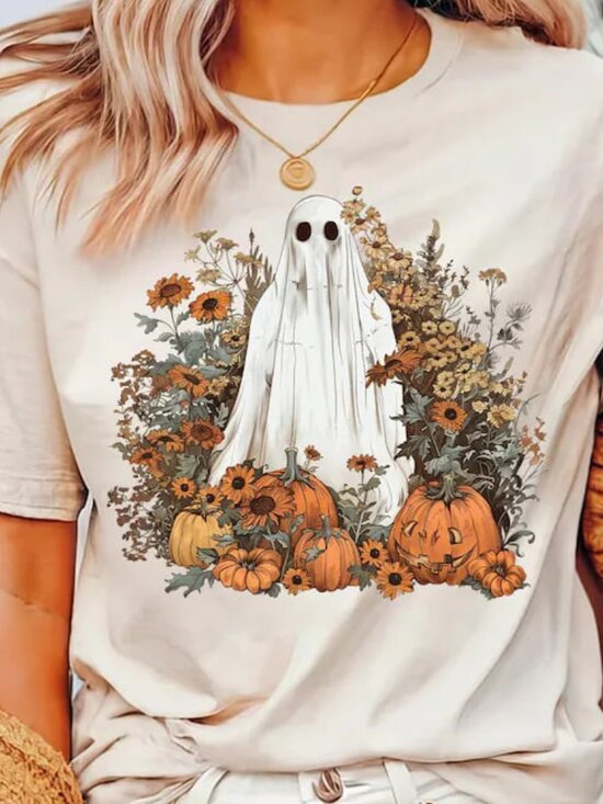 Tops - Floral Ghost Pumpkin Shirt, Halloween Ghost Tee, Gift for Halloween